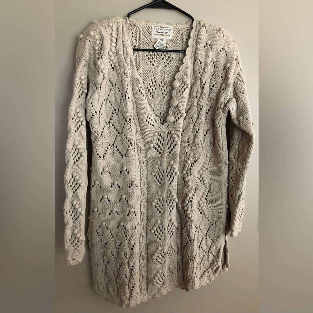 Vintage YARNWORKS Hand Knit Tan Intricate Long Sweater Oversized  Size S